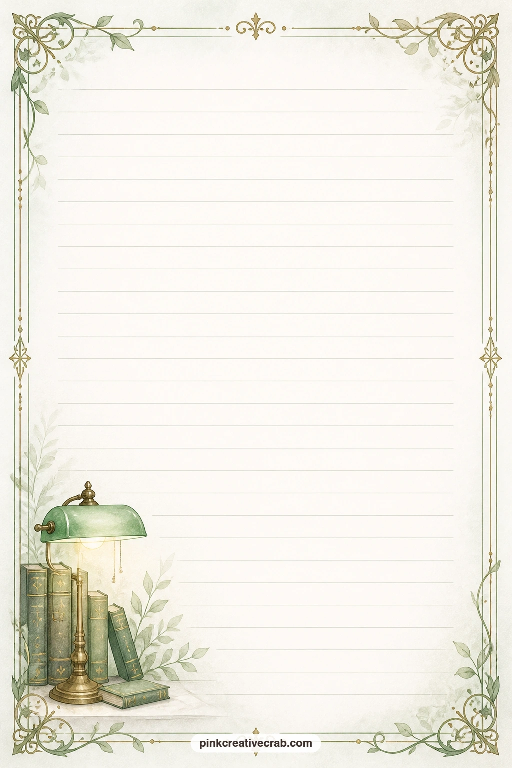 Green Lamp Corner Lined Page printable page — A small green study lamp sits glowing in one corner, faint lines waiting across the page for an evening entry, a