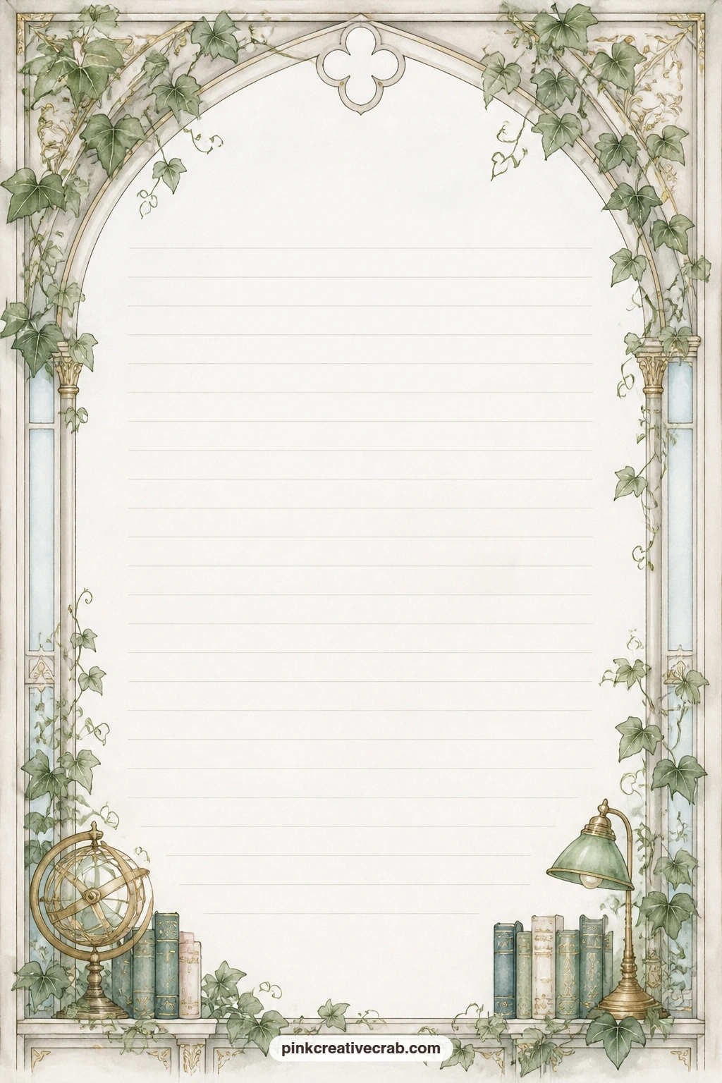 Arch Window Frame Lined Page printable page — An arched window frame traces the top edge of the page, ivy curling at its corners, with faint lines beneath for