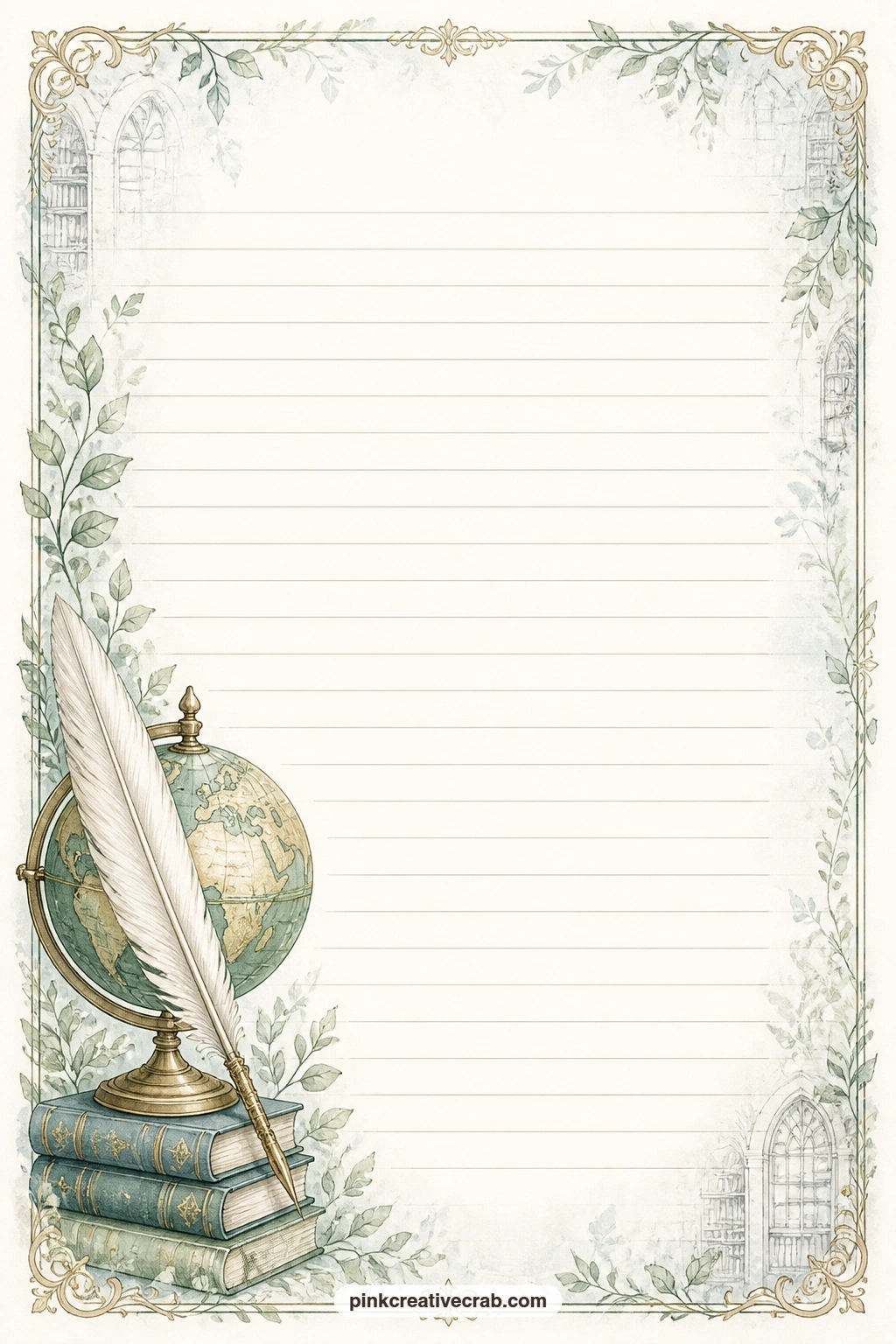Globe And Quill Border Lined Page printable page — A small globe and a feather quill rest at one side of the page, faint lines running beside them for a travel