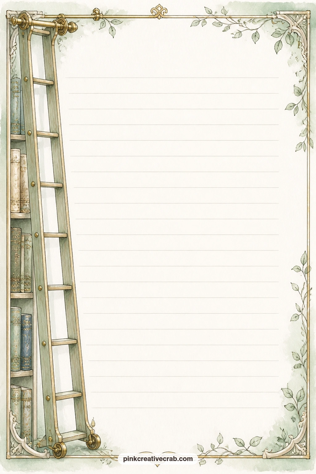 Library Ladder Lined Page printable page — A slim rolling ladder climbs along the side border beside a few book spines, faint lines across the page ready for a