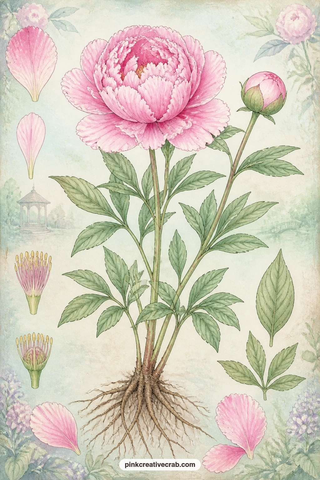 Pink Peony Botanical Plate printable page — Open the kit with a full study of a pink peony, bud and all, showing roots, leaves and bloom the way an old nursery