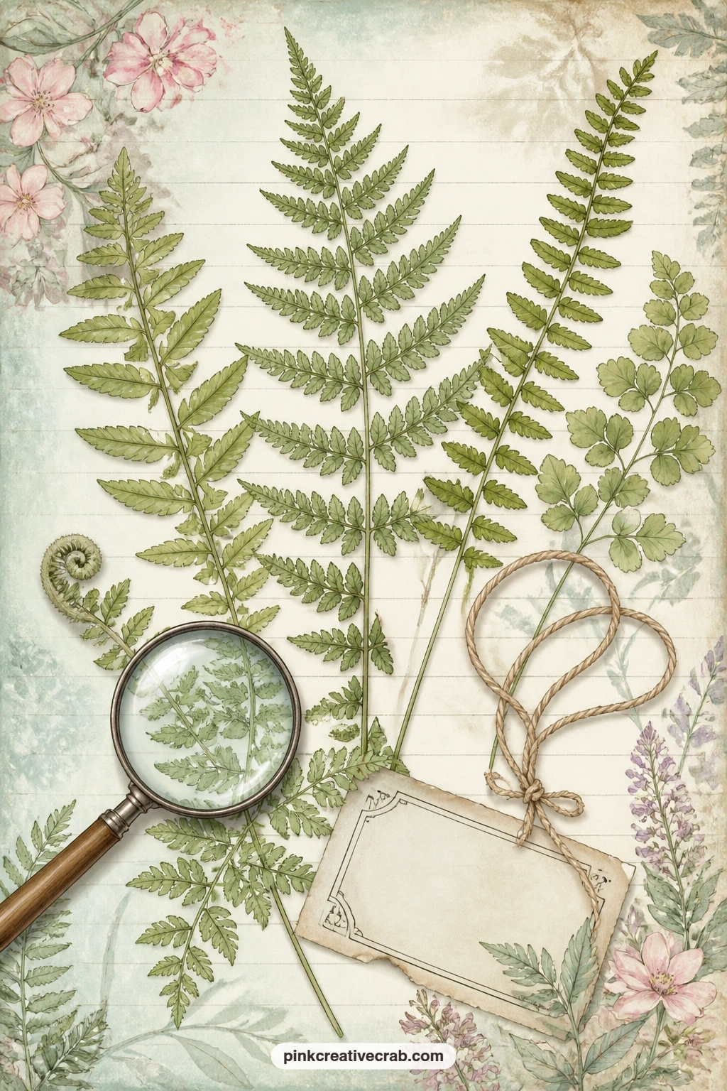 Pressed Fern Herbarium Sheet printable page — Pair this herbarium sheet of pressed fern fronds with the fern frond toss background further on in this set