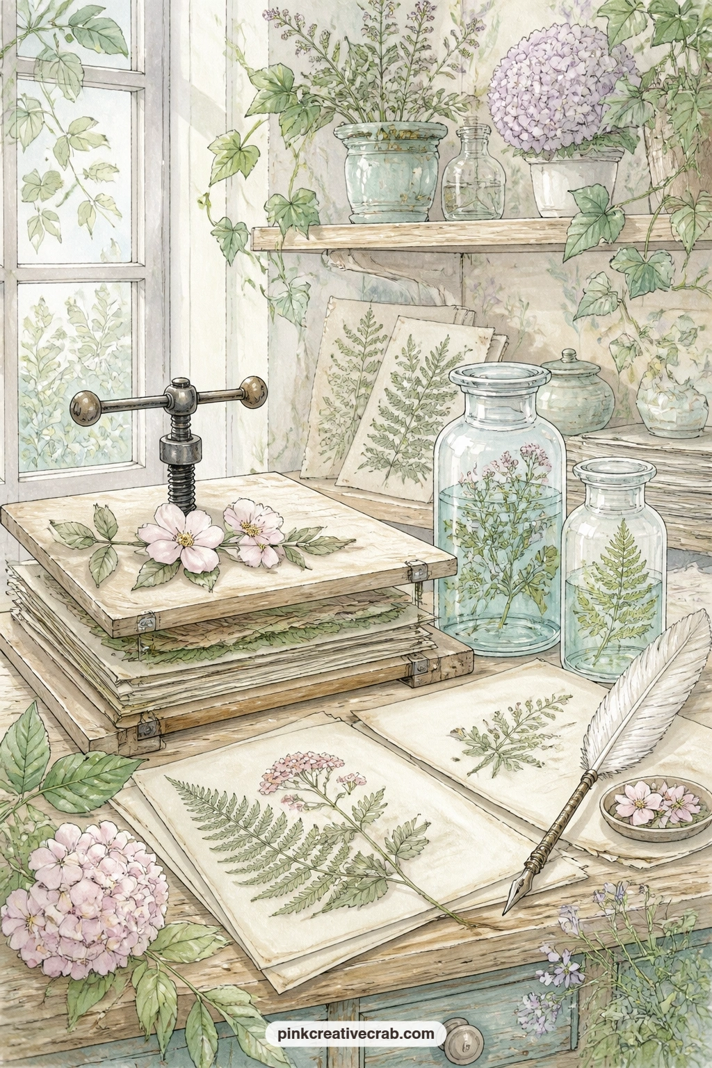 Botanist's Desk With Specimens printable page — A botanist's desk holds pressed leaves, a wooden flower press and small glass specimen jars, all caught