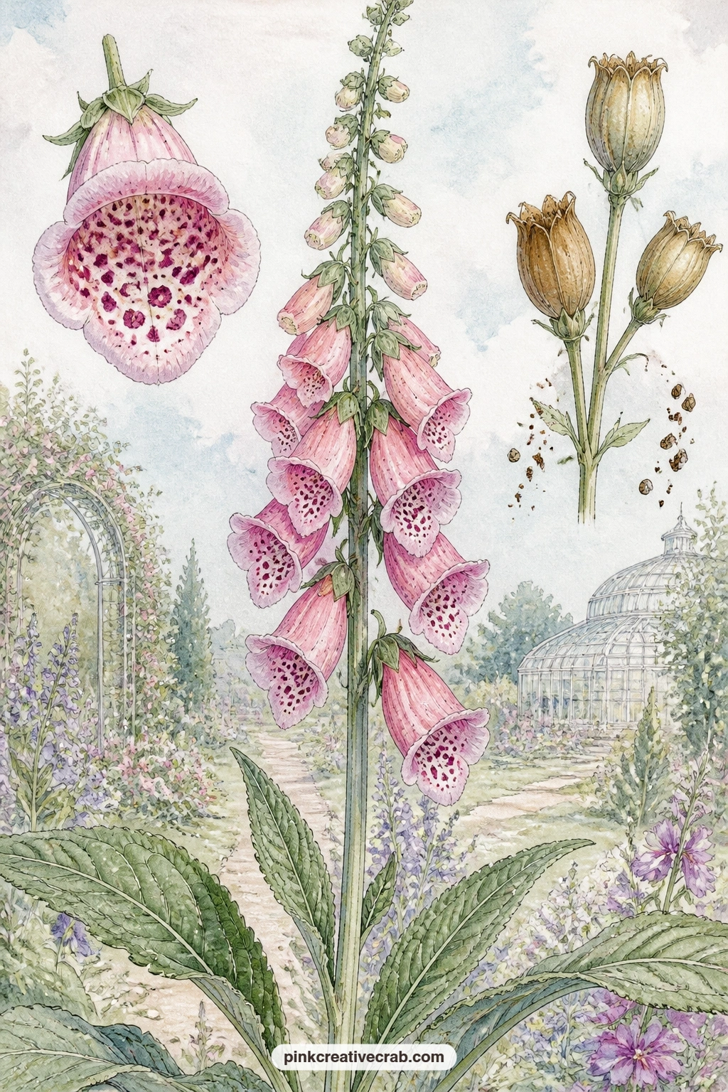Foxglove Botanical Study printable page — The usual mistake with a foxglove plate like this one is cramming the seed pods and cross-section bloom too close to