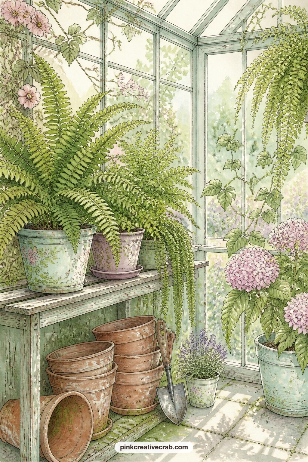 Glass Greenhouse Corner printable page — This quiet greenhouse corner holds potted ferns, stacked terracotta pots and a small trowel resting against the glass