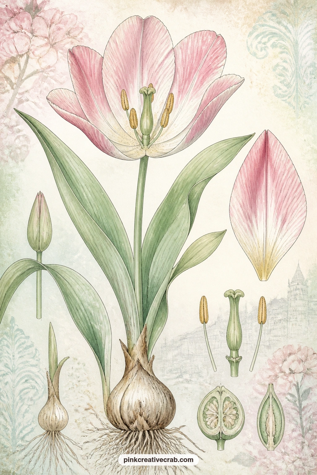 Tulip Anatomy Plate printable page — Try the five minute version of this page: trim it close, glue it straight onto a background sheet, and skip any extra