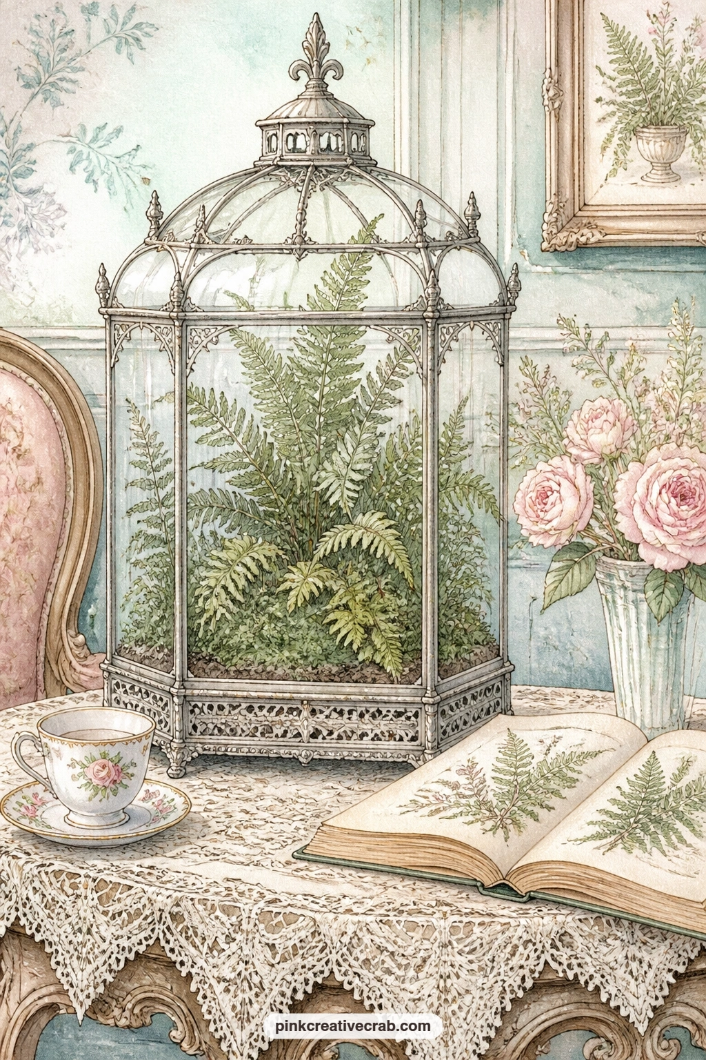 Victorian Wardian Case printable page — A glass Wardian case full of ferns sits on a parlor table edged with lace, a small scene of indoor gardening from a