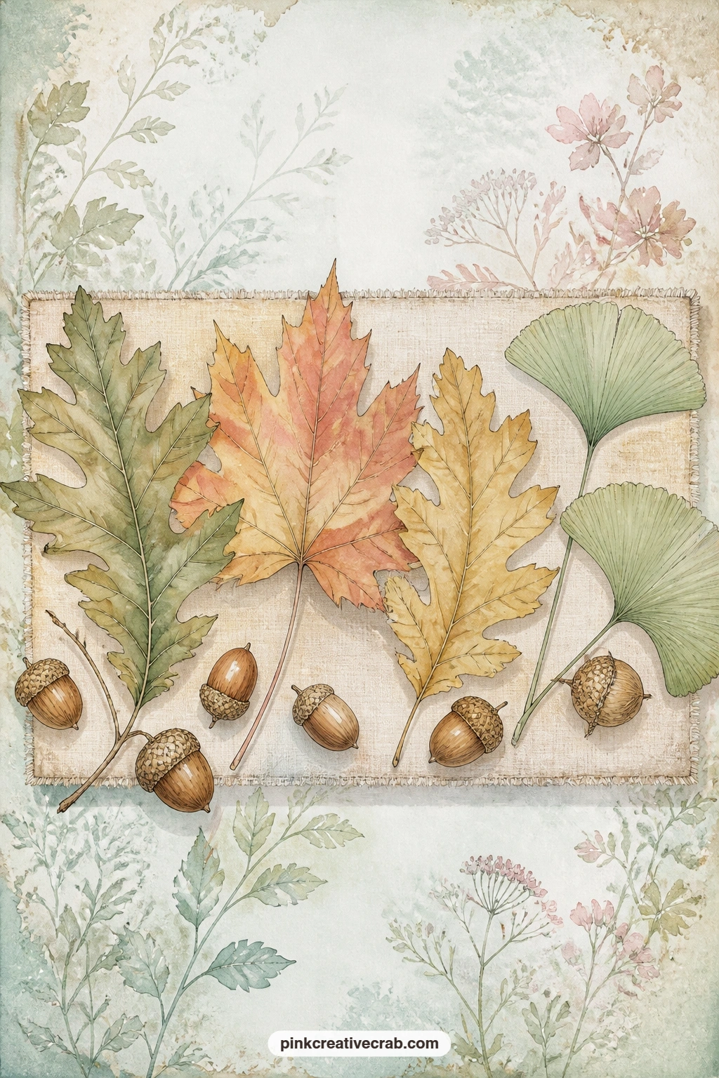 Autumn Leaves On Linen Board printable page — Oak, maple and ginkgo leaves lie arranged with a few acorns on a linen display board, sorted the way a careful
