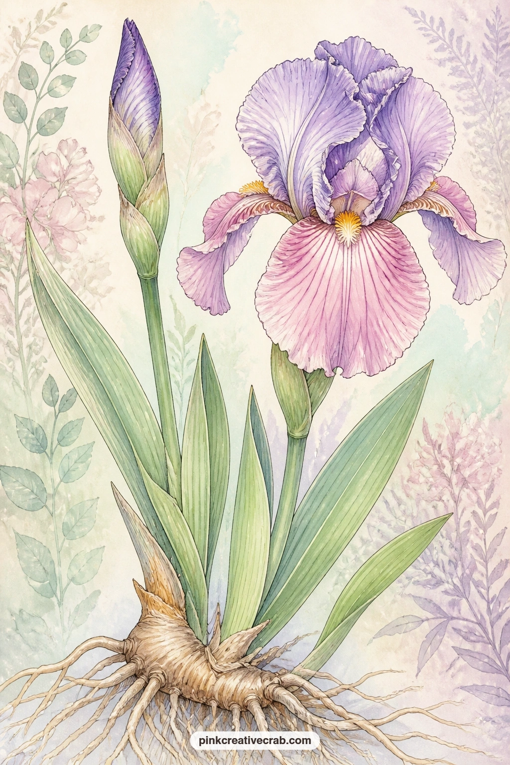 Iris Botanical Plate printable page — Place this iris study beside the vintage leaf specimen grid background later in the set, using the grid paper as a pocket