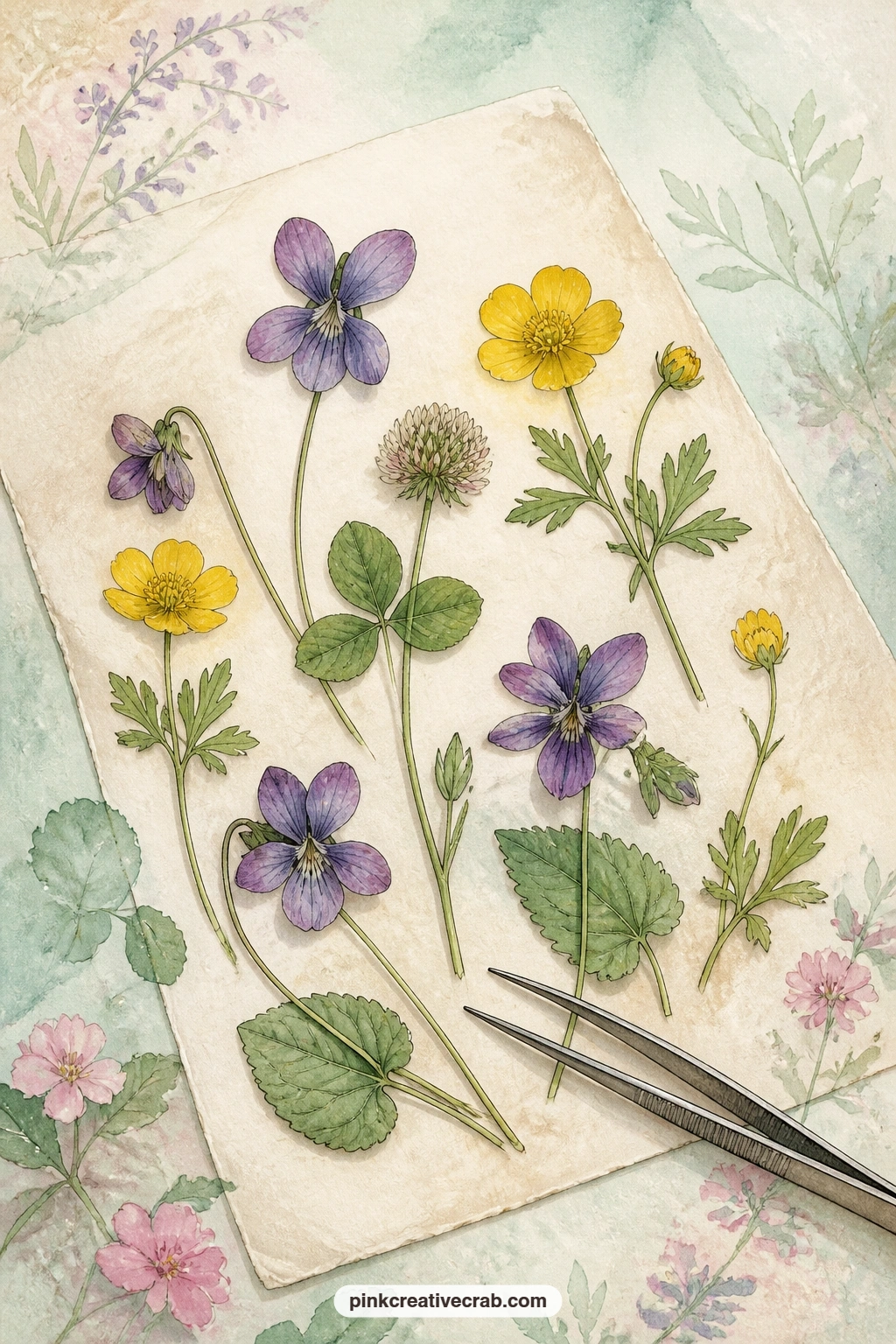 Pressed Violets And Buttercups printable page — Pressed violets, buttercups and a sprig of clover sit on a sheet of blotting paper with a pair of fine tweezers