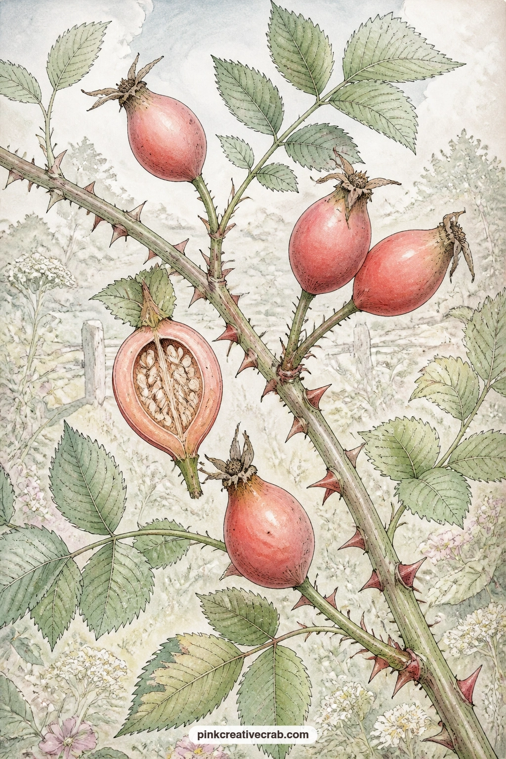 Rose Hip Branch Study printable page — Tear the edge of this rose hip plate roughly by hand instead of cutting it straight, since the torn line echoes the