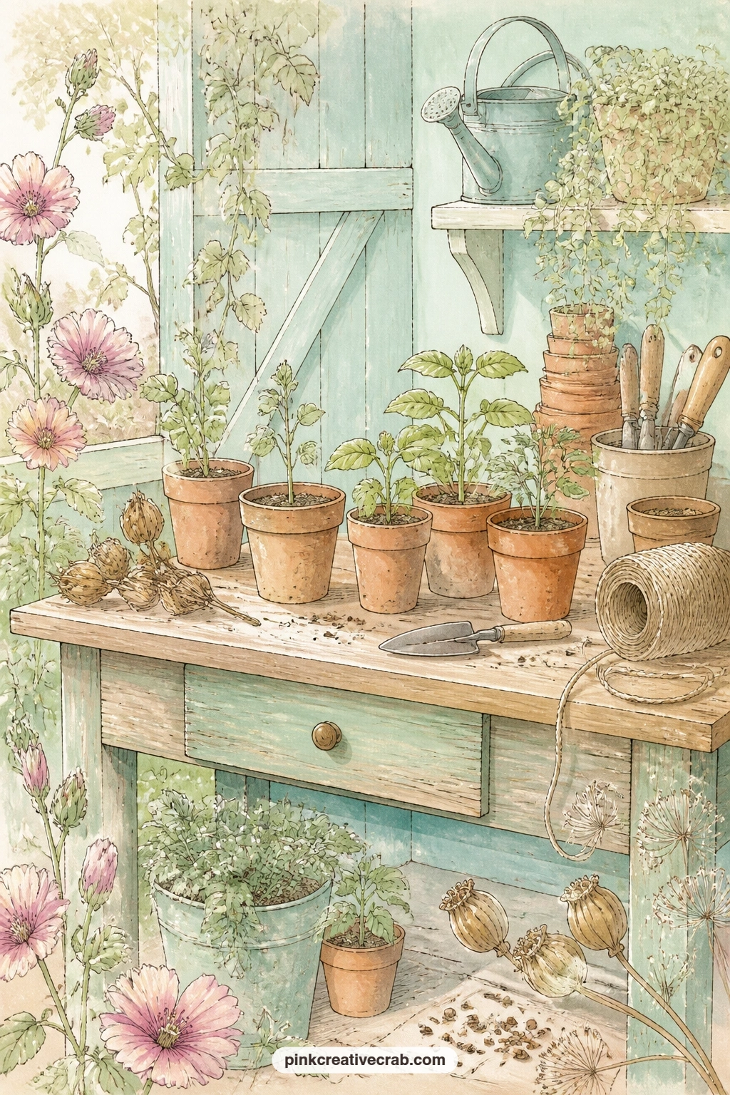 Potting Bench With Seedlings printable page — A potting bench holds young seedlings in clay pots, a few dry seed pods and a loose coil of garden twine, the