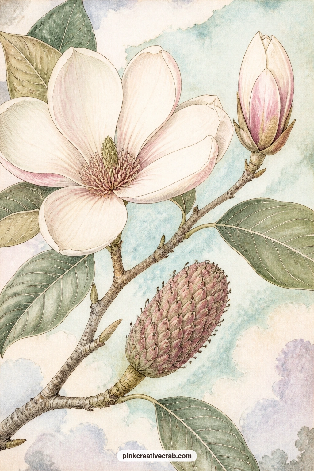 Magnolia Branch Plate printable page — Magnolia branch, open blossom, closed bud and a woody seed cone all sit together on one plate, enough detail to fill the