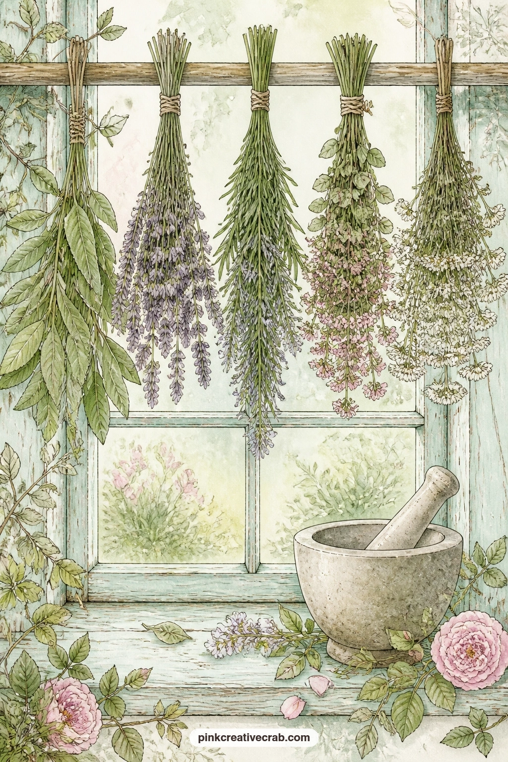 Herbs Drying Over A Window printable page — Bundles of drying herbs hang over a window, with a mortar and pestle set on the sill below them: a small scene for