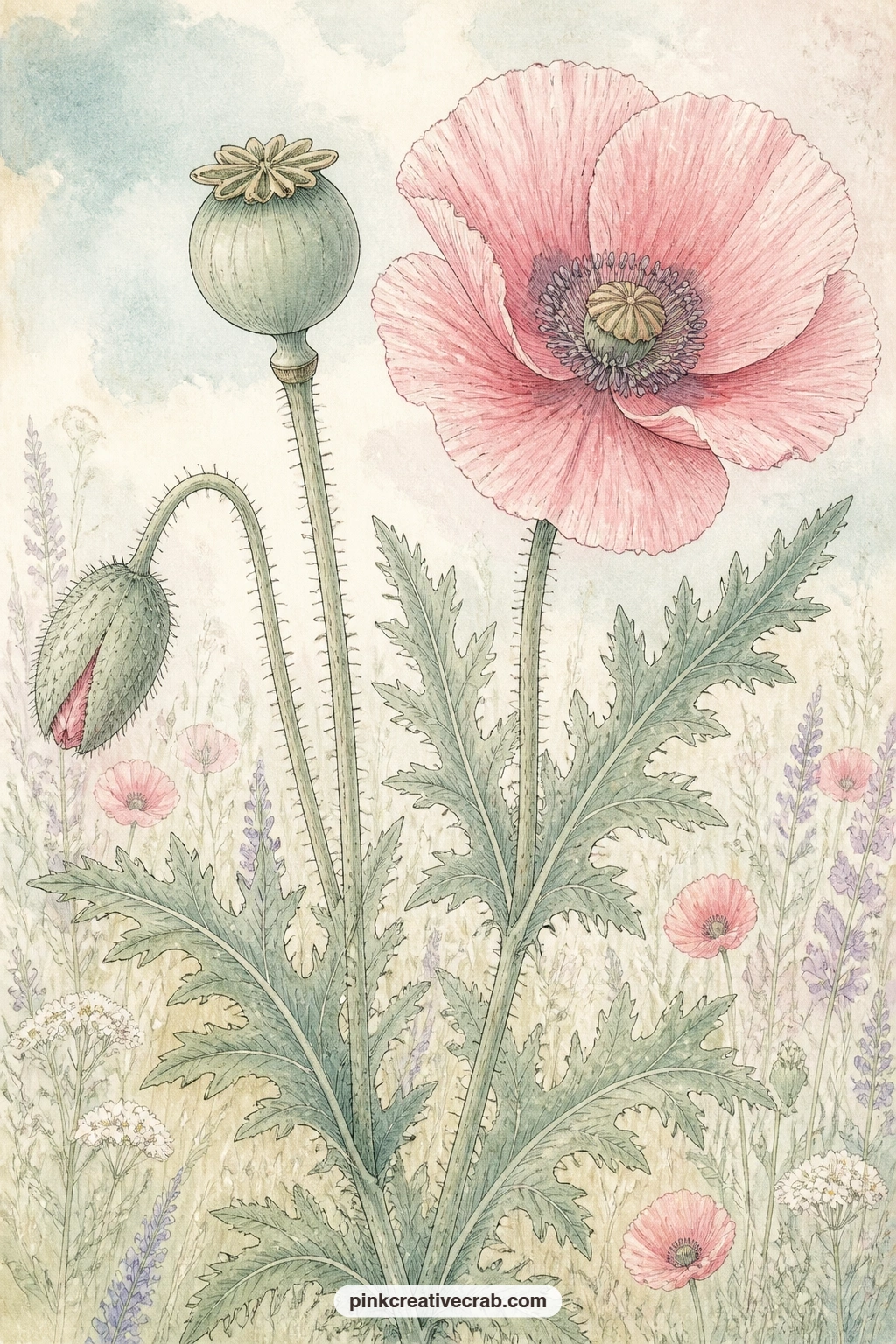 Poppy Botanical Plate printable page — Fold this poppy plate in half down the centre and you get a small pocket page, perfect for tucking a pressed poppy petal