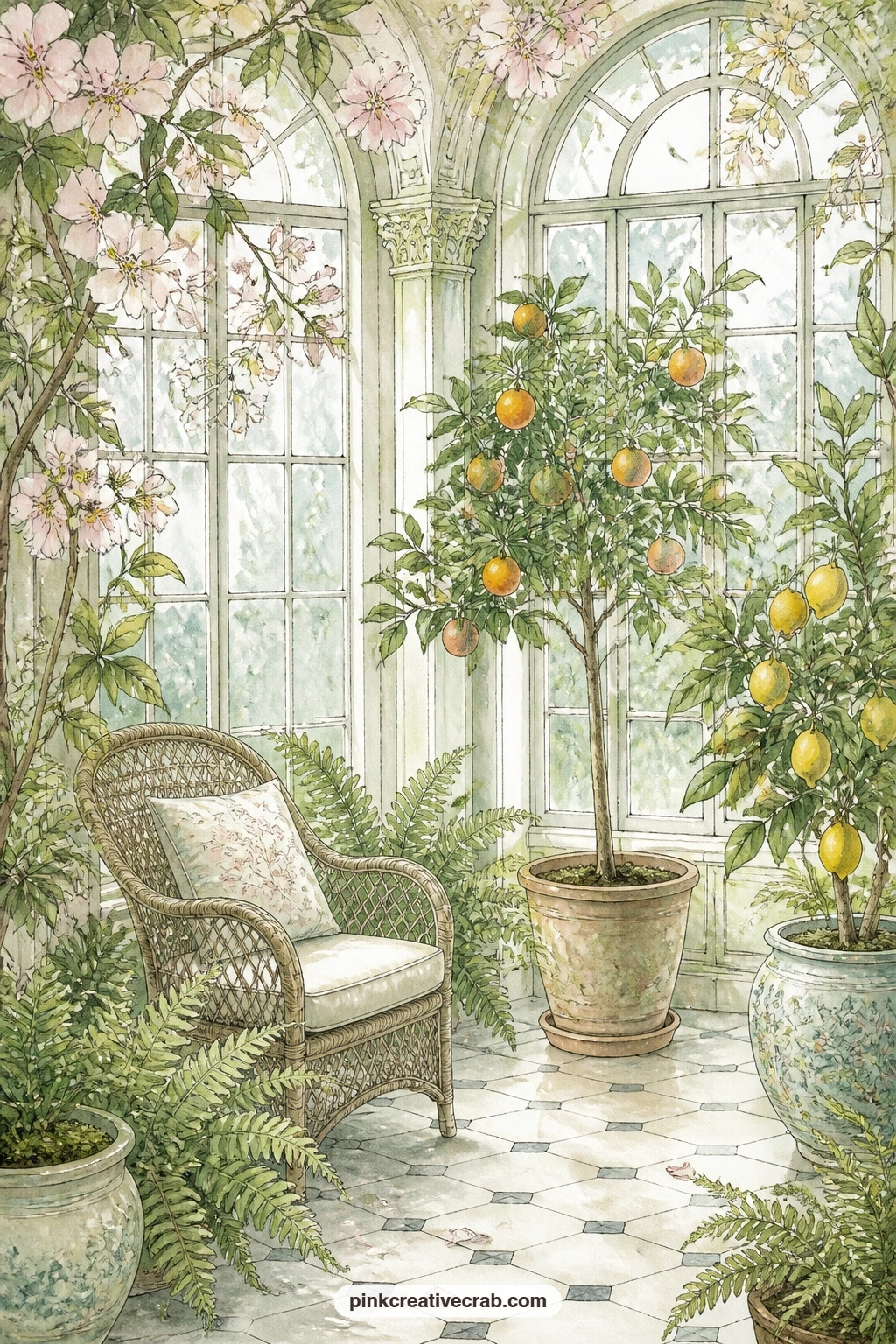 Orangery With Citrus Trees printable page — Citrus trees in large pots fill this orangery scene, with a wicker chair tucked between ferns in the corner, the
