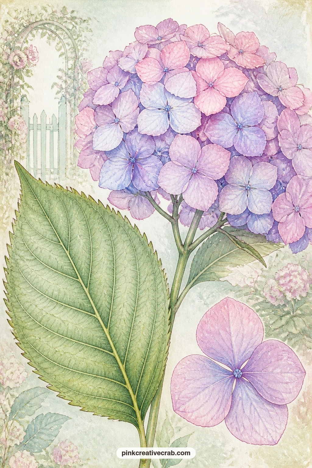 Hydrangea Botanical Study printable page — Keep the five minute version in mind here too: this hydrangea study already shows the leaf, the full flower head and