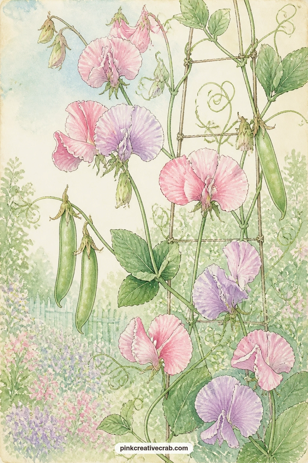 Sweet Pea Vine Plate printable page — Close the scene pages with a sweet pea vine, its curling tendrils, ripe pods and pastel blooms climbing across the sheet