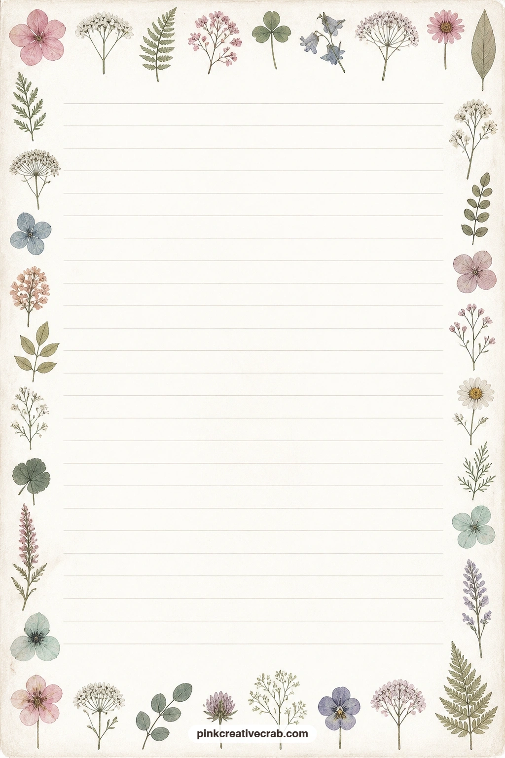 Herbarium Specimen Frame Lined Page printable page — Pressed specimen shapes frame the edge of this page, leaving the ruled centre open for a gift list, a note