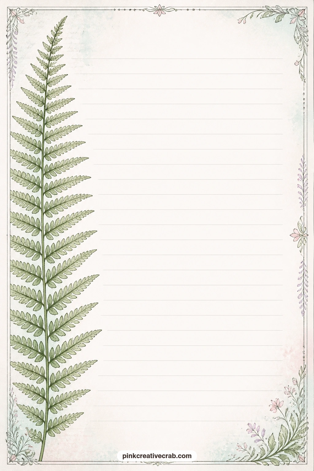 Fern Frond Side Border Lined Page printable page — A single fern frond runs down one side of this page, light enough to leave the ruled lines clear for a