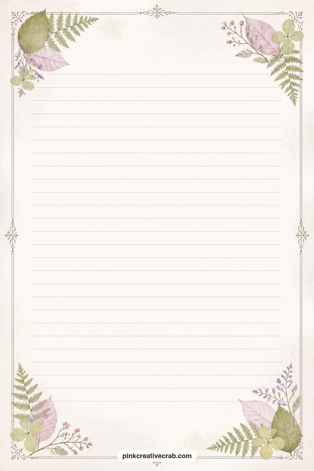 Pressed Leaf Corner Lined Page printable page — Small pressed leaves cluster in each corner here, a quiet frame for a recipe using garden herbs, a letter to a
