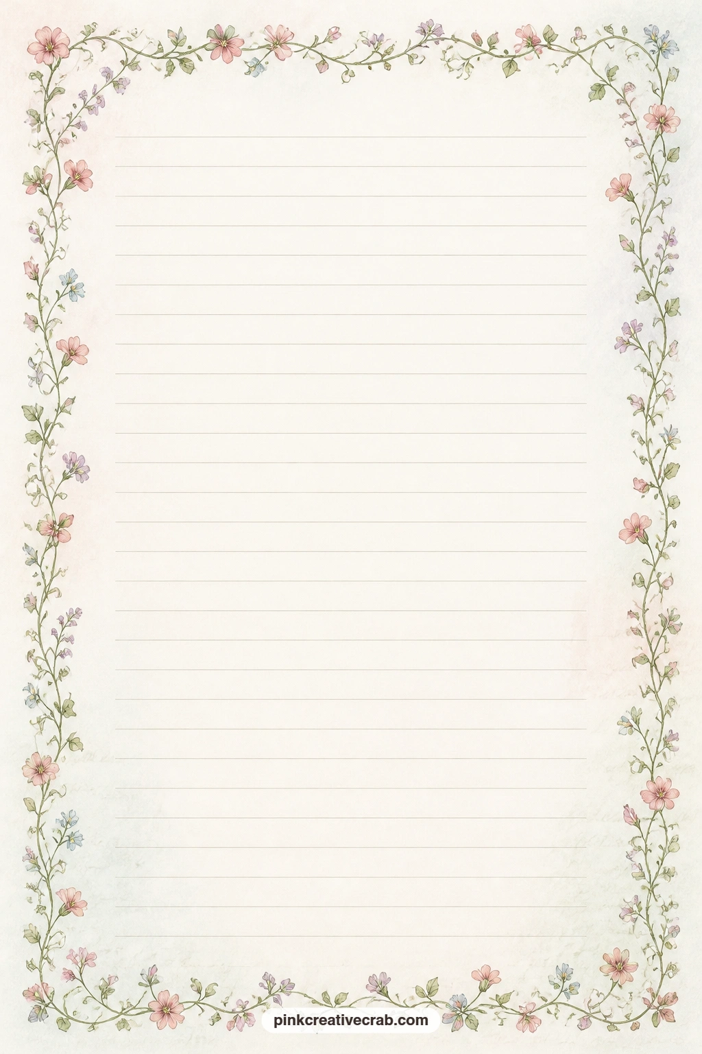 Botanical Plate Vine Frame Lined Page printable page — A thin flowering vine traces the full border of this page, leaving room inside for a menu from a garden