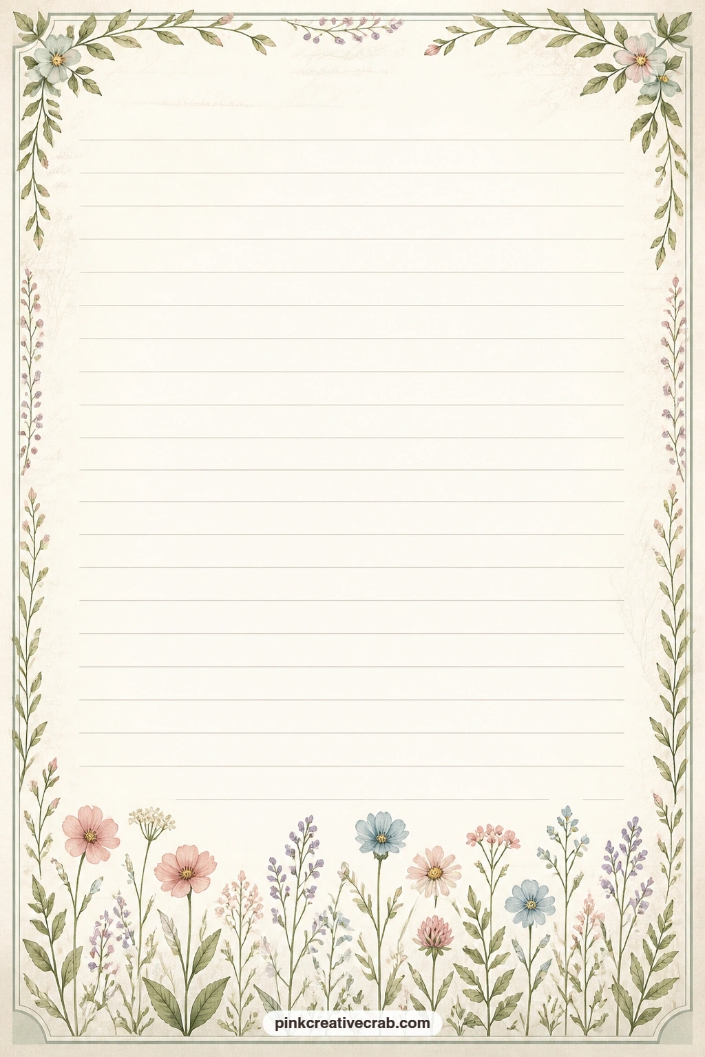Flower Press Edge Lined Page printable page — A row of small pressed flowers lines the bottom edge only, leaving the rest of the page open for a wish list of