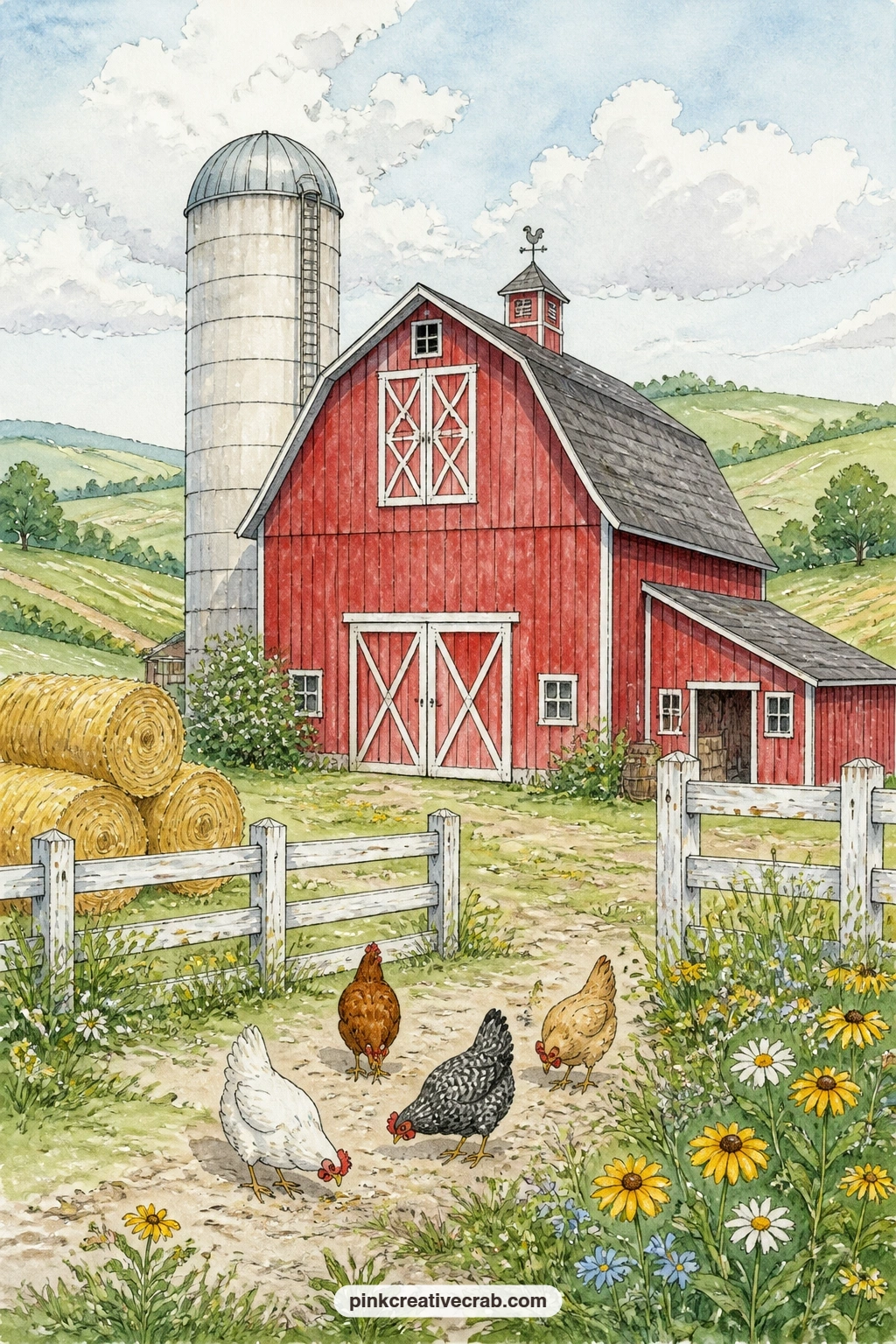 Red Barn With A Silo printable page — Set the scene for the whole journal with the barn itself: red boards, a tall silo, hay bales stacked by a white fence