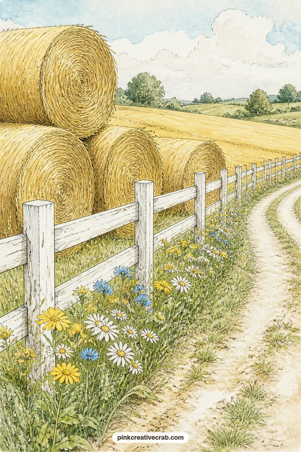 Hay Bales And White Fence printable page — Tea-stain just the bottom edge of this one before you glue it in, so the hay bales look sun-baked and the white