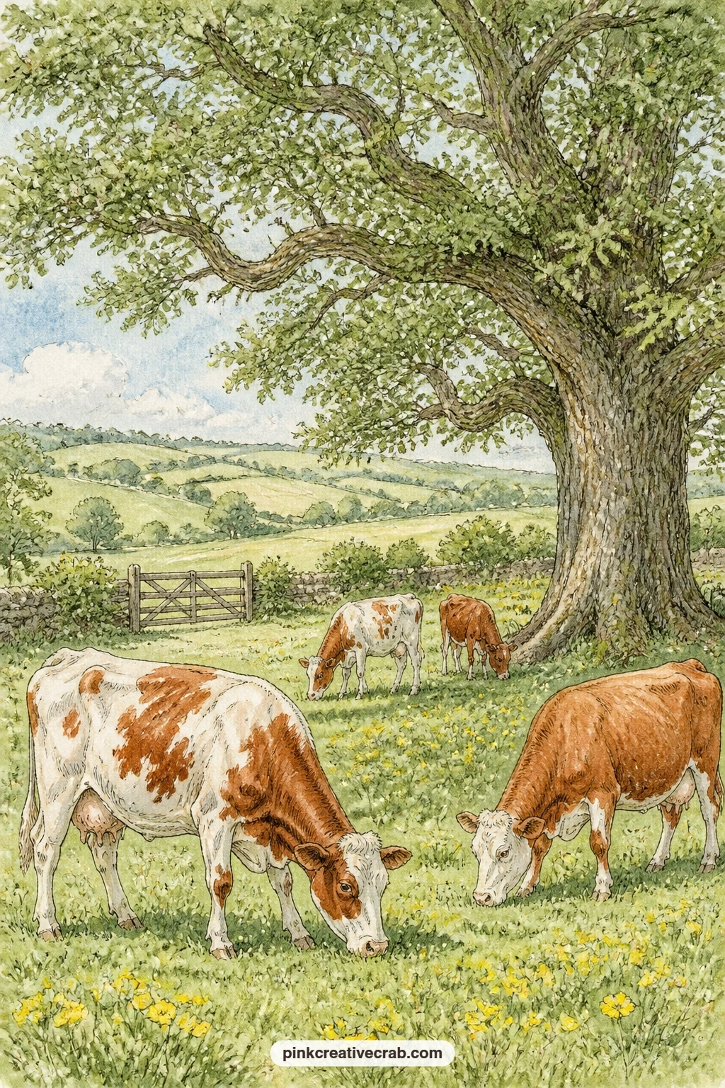 Cows Grazing By An Oak printable page — Grazing cows, a scatter of buttercups and one broad oak giving shade make this the page for a quiet afternoon entry