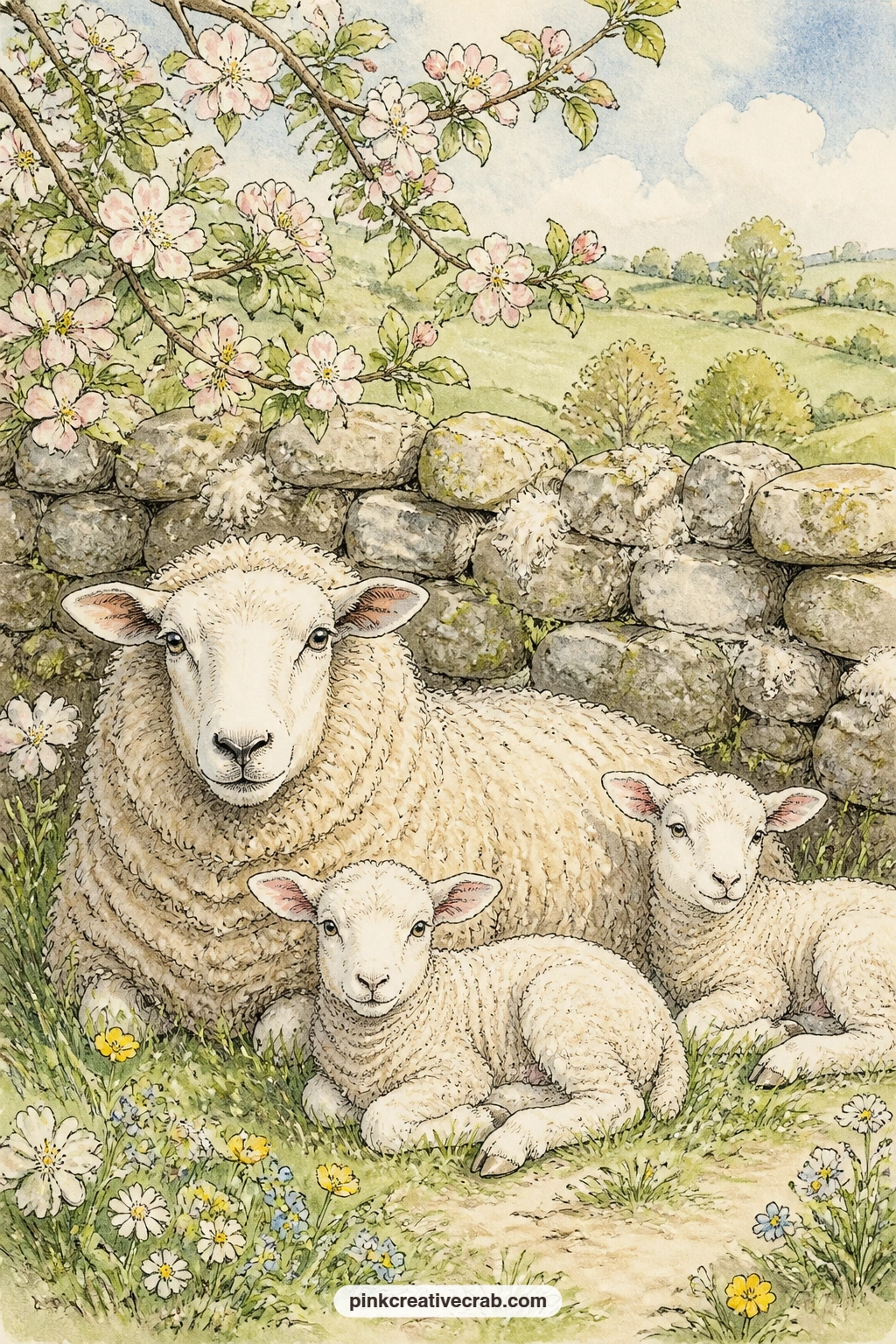 Sheep And Lambs By A Stone Wall printable page — Write a short list of this season's firsts along the open sky above the wall: first lamb, first blossom, first