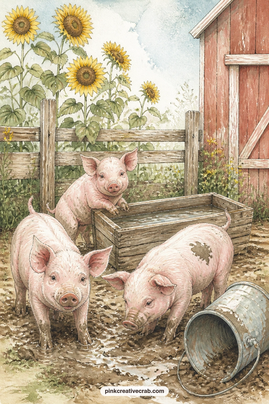 Piglets In A Muddy Pen printable page — The usual mistake here is painting the mud too dark and flat, which swallows the piglets. Farm junk journal