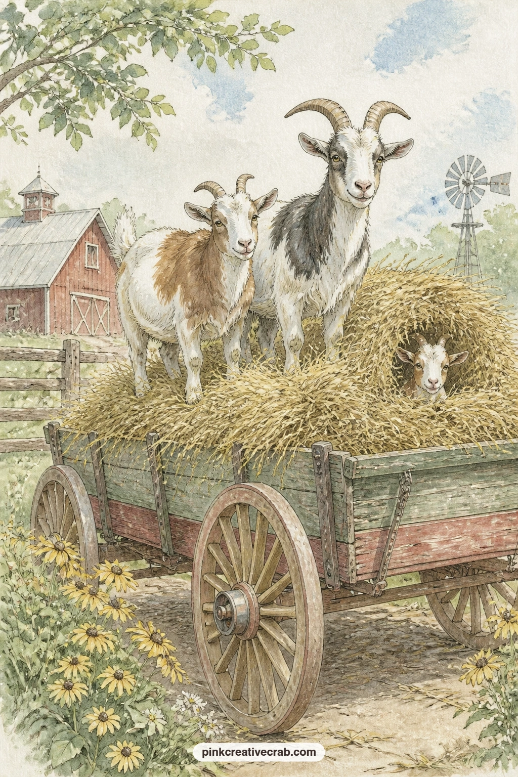 Goats On A Hay Wagon printable page — Goats perched on a hay wagon with a curious kid peeking out make a lively page near the journal's middle, a good spot to