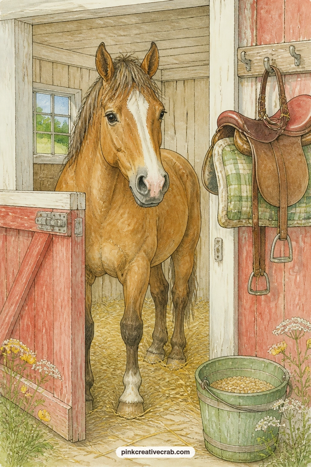 Horse In A Stable printable page — This one suits the reader whose journal is a gift for a horse-loving niece or granddaughter: a saddle on its rack, a bridle