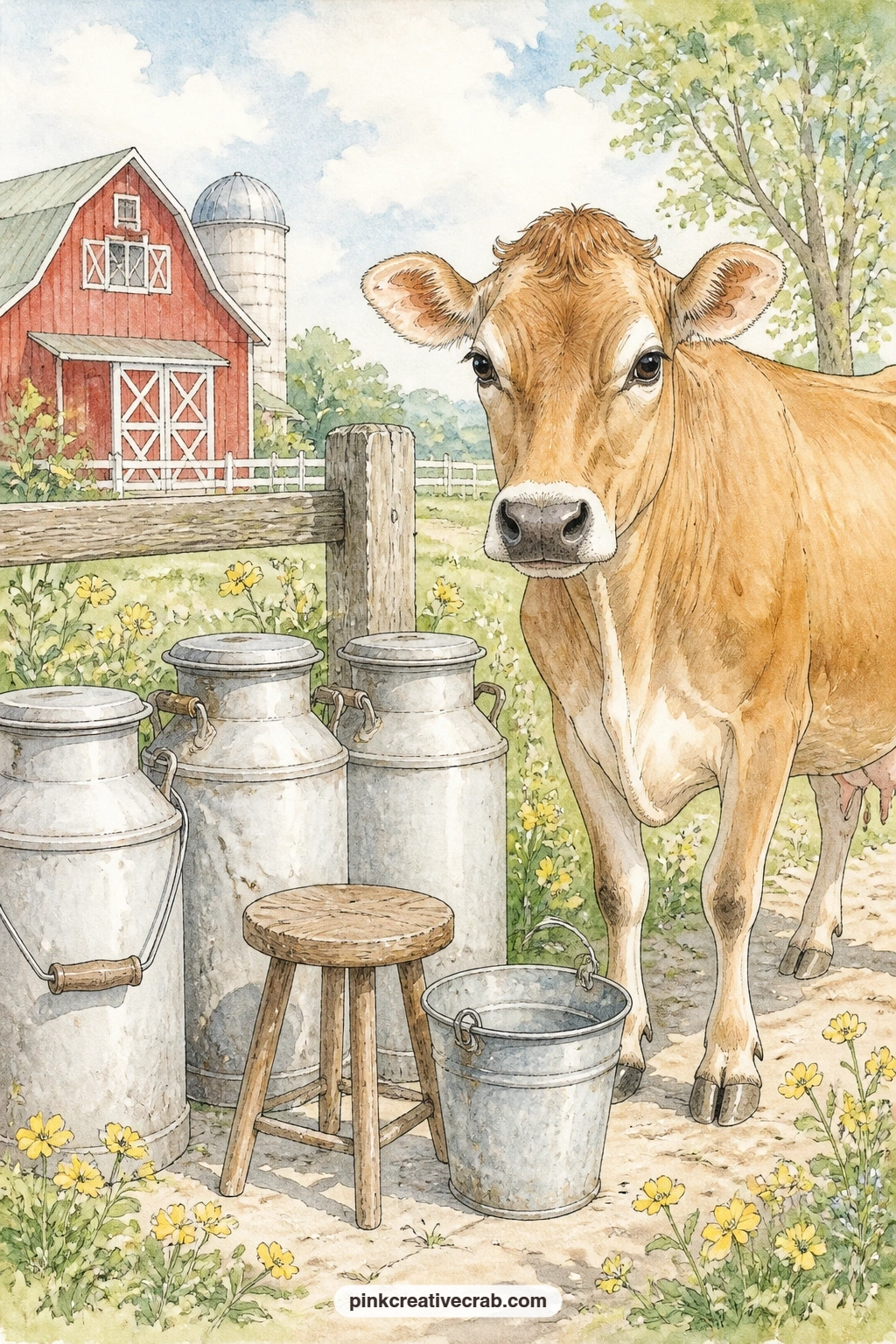 Milk Cans By A Jersey Cow printable page — Pair this page with the feed sack calico background from the back of this set, using it as a pocket lining behind