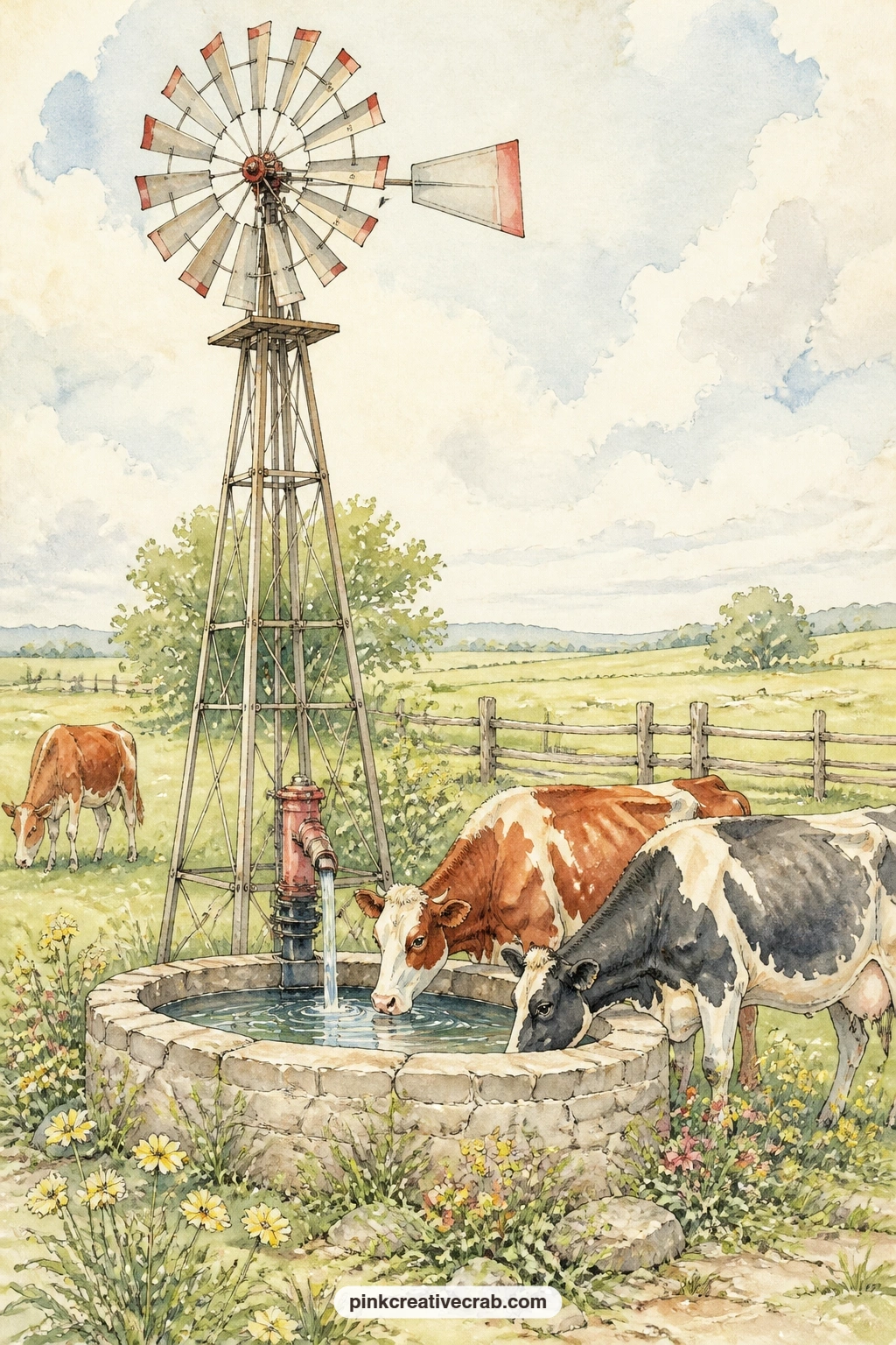 Windmill Over A Cattle Trough printable page — A windmill pump turns slowly above a stone cattle trough while cows wander the pasture beyond, a wide quiet page