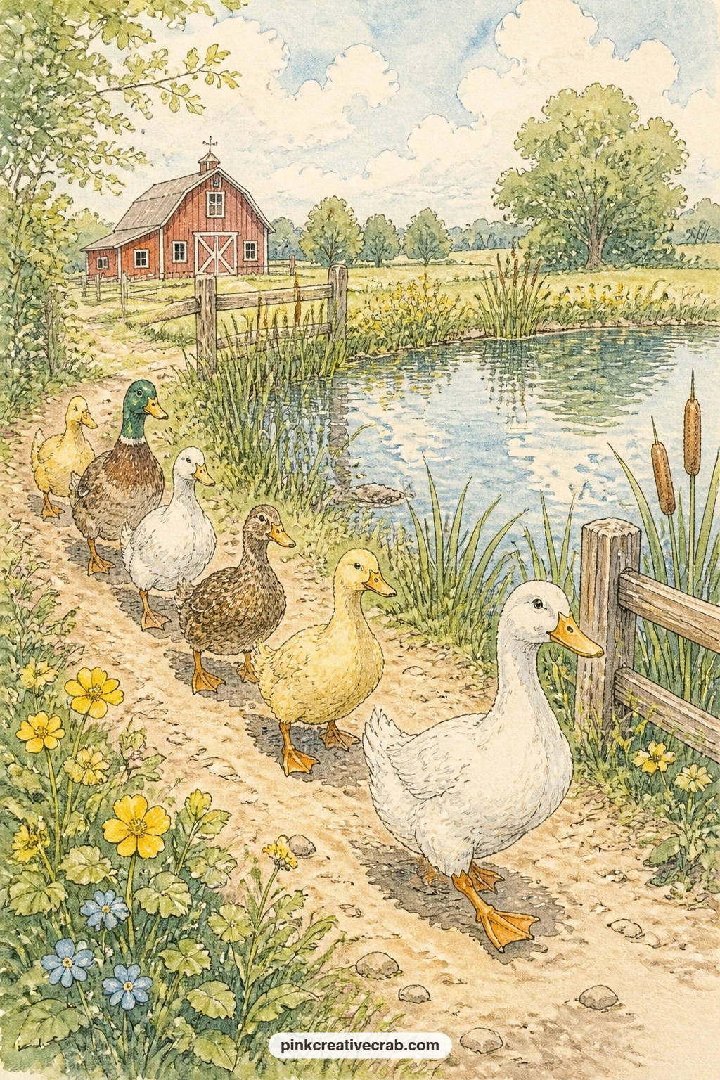 Ducks Crossing To A Pond printable page — Answer this on the page itself: which animal on the farm has the most personality, and why does it always seem to