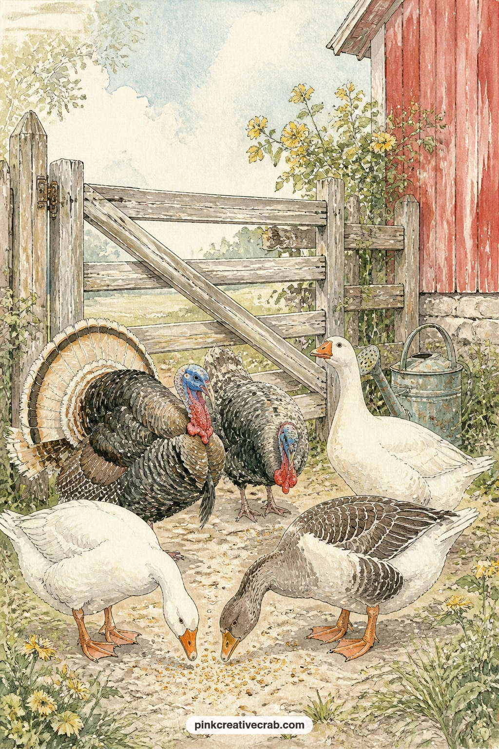 Turkeys And Geese By A Gate printable page — Turkeys fan their feathers and geese stand guard by a wooden gate here, the kind of busy, noisy corner every