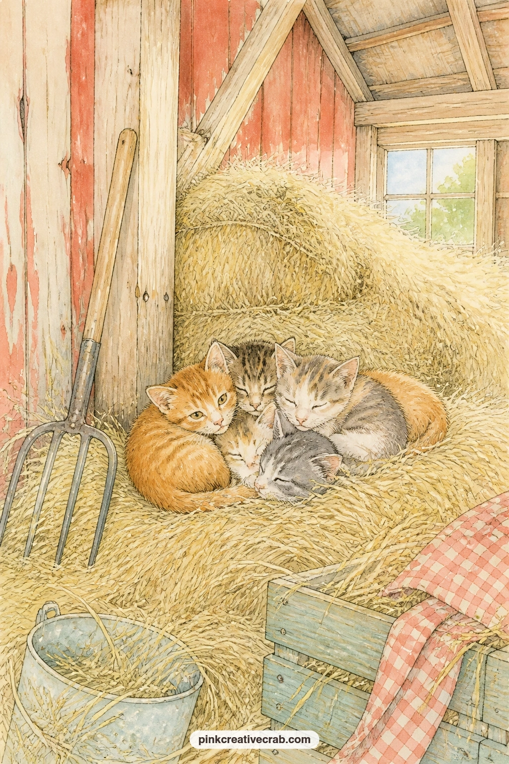 Barn Loft With Kittens printable page — Place this page opposite the red barn scene at the front of the journal, so the spread reads as outside and inside: the
