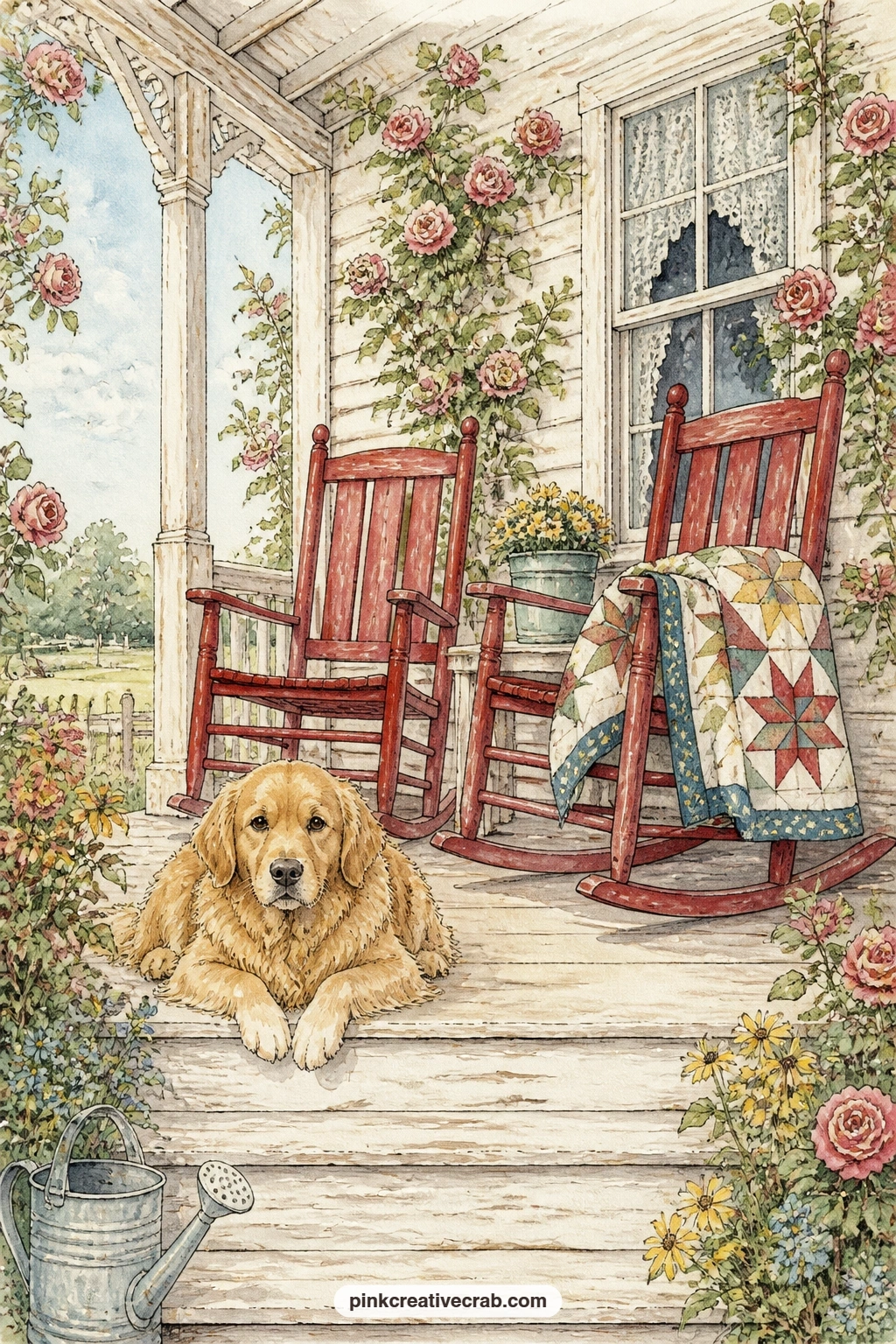 Farmhouse Porch With Rocking Chairs printable page — Two rocking chairs, a folded quilt and a dog stretched out at the top of the steps turn this into the page