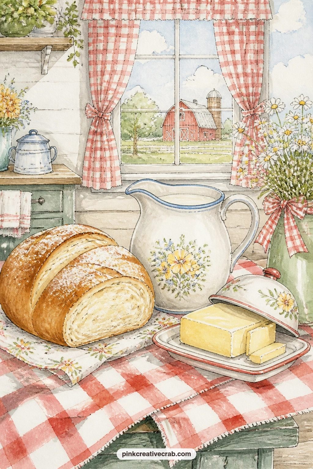 Farm Kitchen With Fresh Bread printable page — Keep the five-minute version simple: glue this page in flat, no trimming or staining, and let the fresh bread