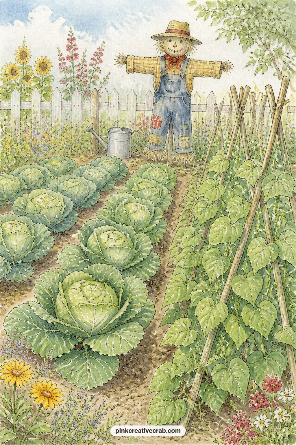 Vegetable Garden Rows printable page — Rows of cabbages and beans run toward a scarecrow standing watch, a page for anyone who keeps her own kitchen garden and