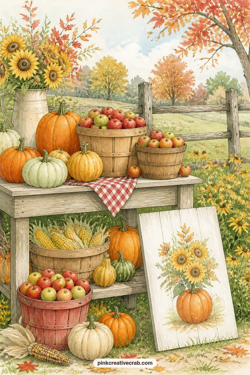 Farm Stand With Pumpkins And Apples printable page — Tuck a handwritten price list or a small paper bag behind this page as a pocket, the sort of thing that