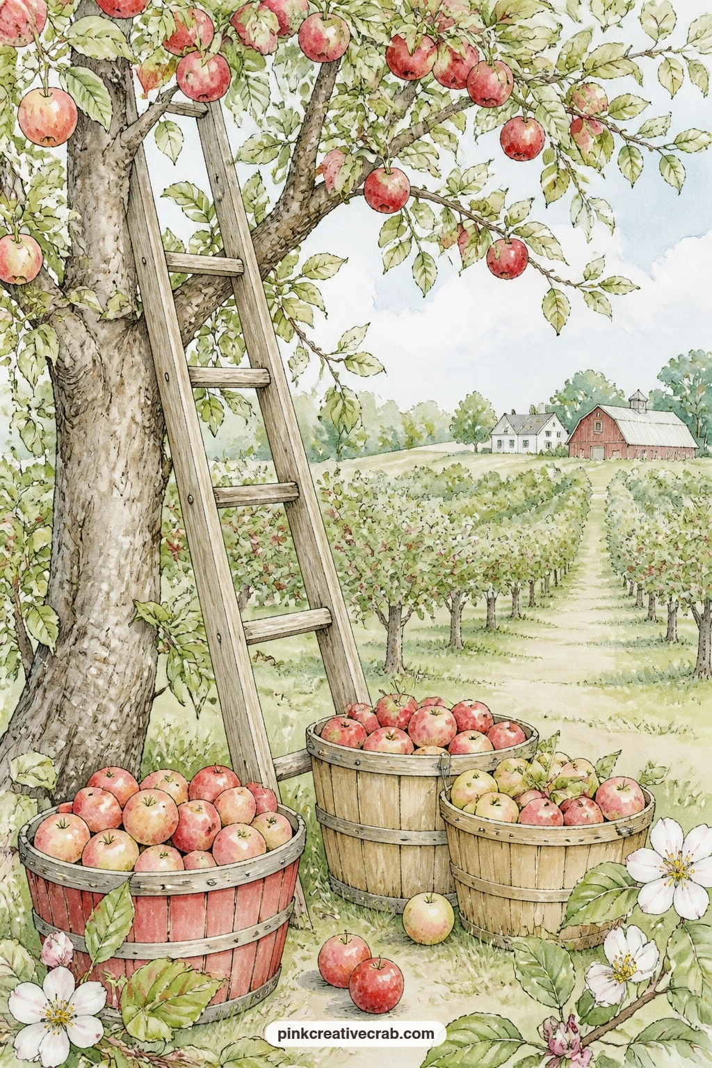 Orchard Harvest With A Ladder printable page — Bushel baskets sit beneath an apple tree while a ladder leans against its trunk, ready for the top branches