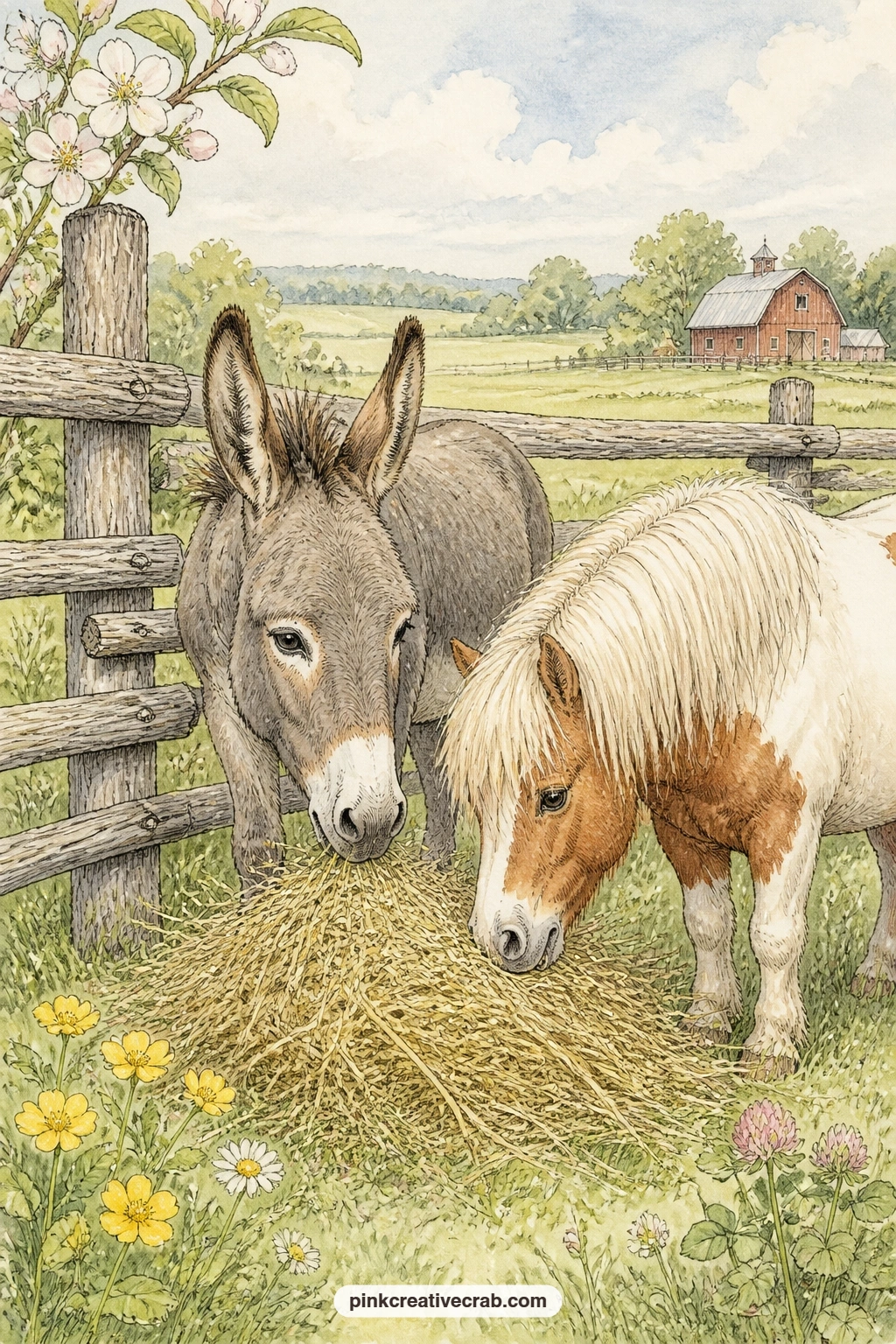 Donkey And Pony By A Split Rail Fence printable page — Give the beginner version of this page a try first: paint just the donkey and pony sharing hay, then add