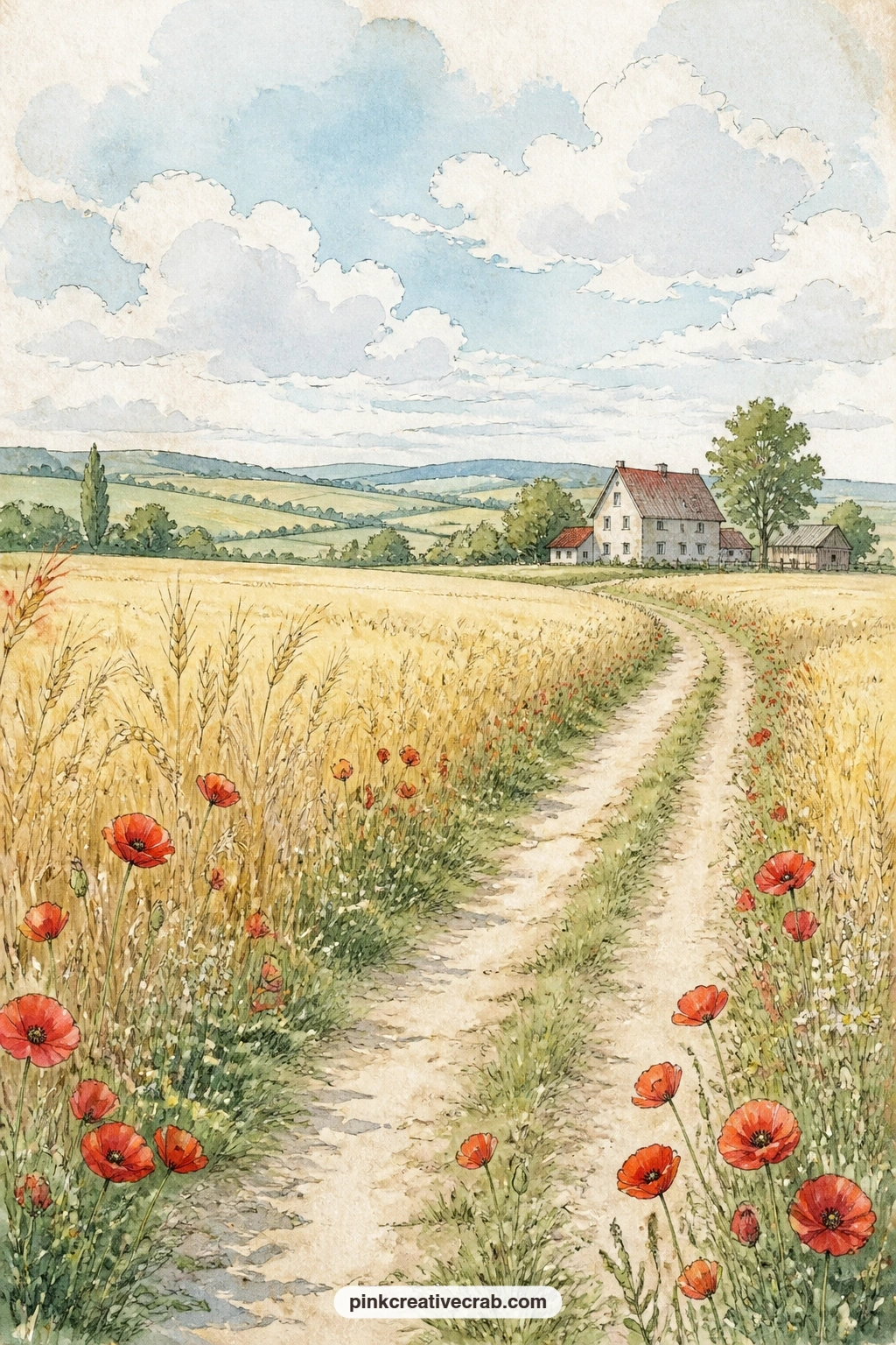 Wheat Field With A Distant Farmhouse printable page — Place this beside the sheep shearing page for a last spread that slows the journal down, a lane through