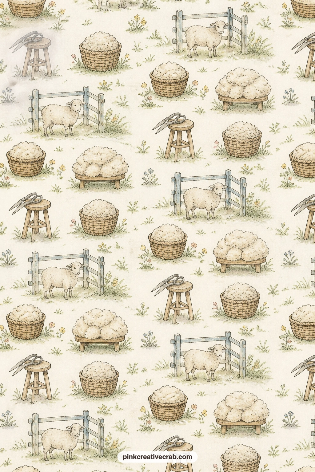 Sheep Shearing Day printable page — Bundles of fleece sit stacked in baskets while shears rest nearby, marking one of the farm calendar's busiest days and a