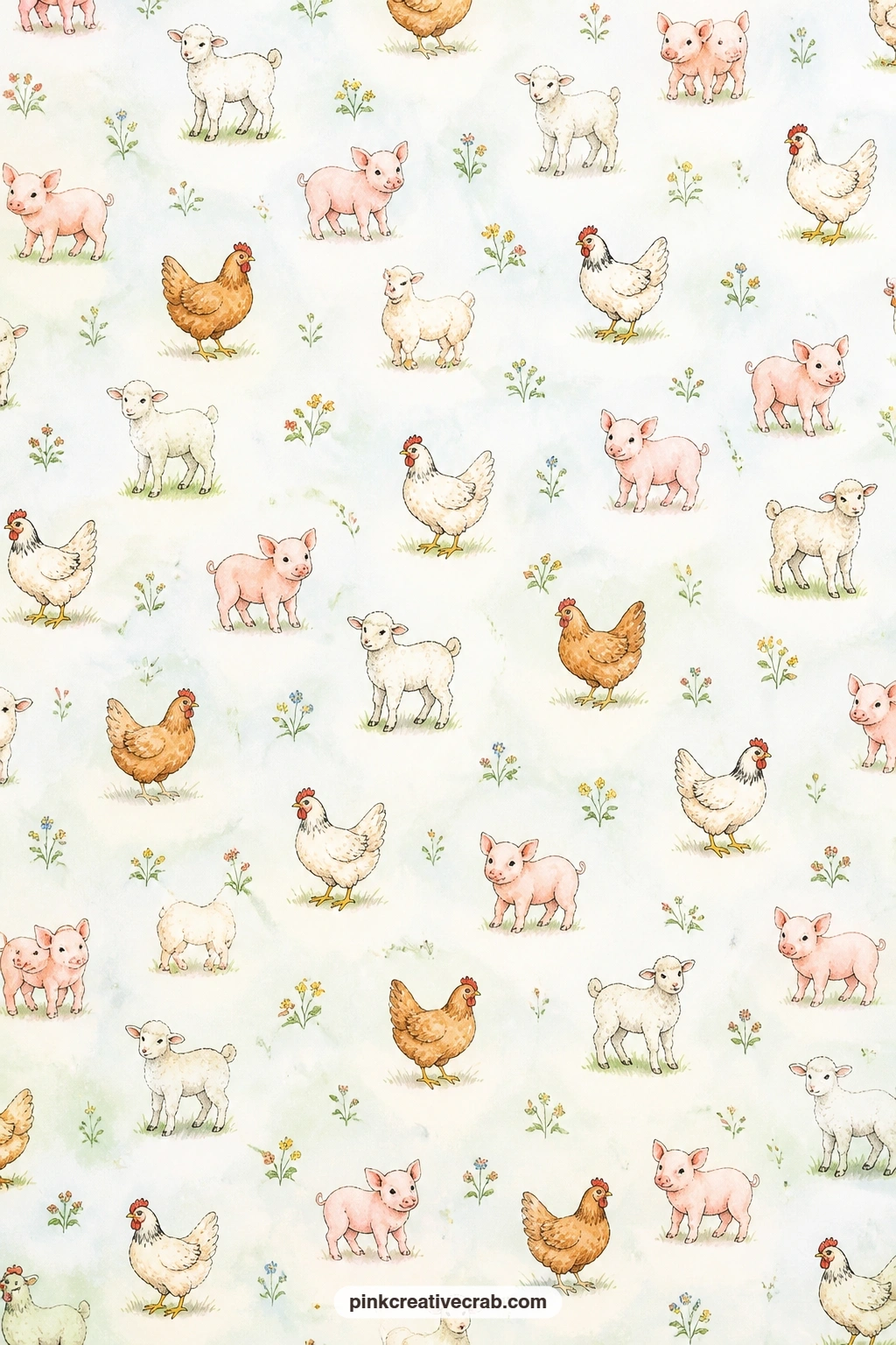 Tiny Farm Animals Toss Pattern printable page — Small tossed farm animals in a scatter work well as a cover lining, a pocket backing behind a scene page, or a