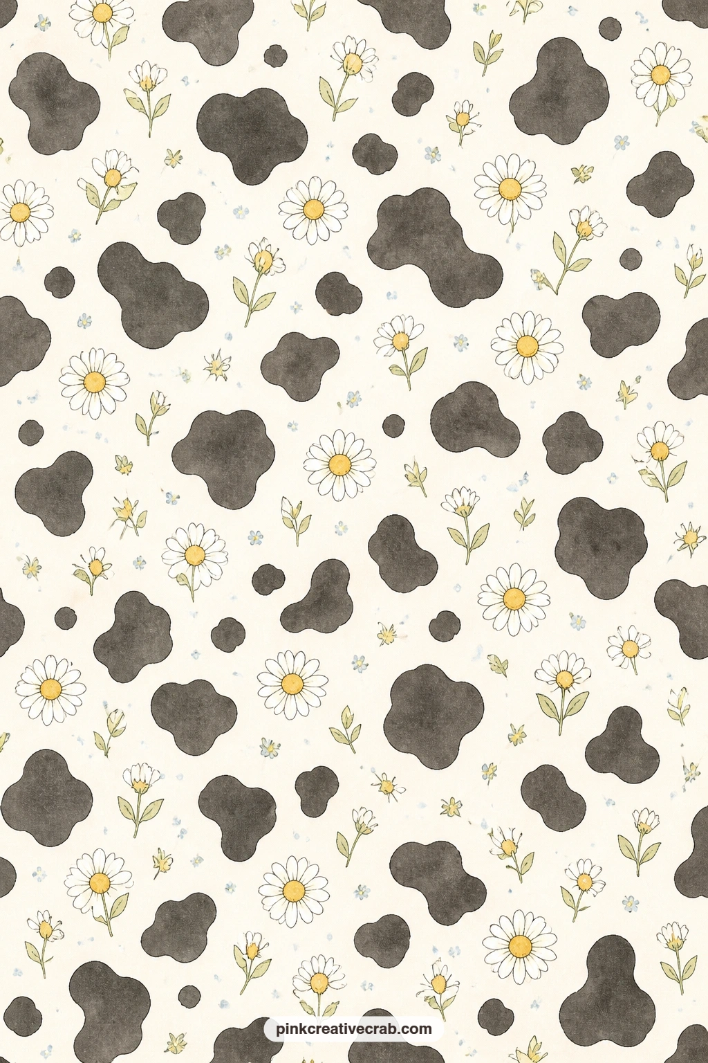 Cow Spots And Daisies Pattern printable page — The soft spots and daisies here suit a pocket lining for the meadow pages, a photo mat, or a simple cover for