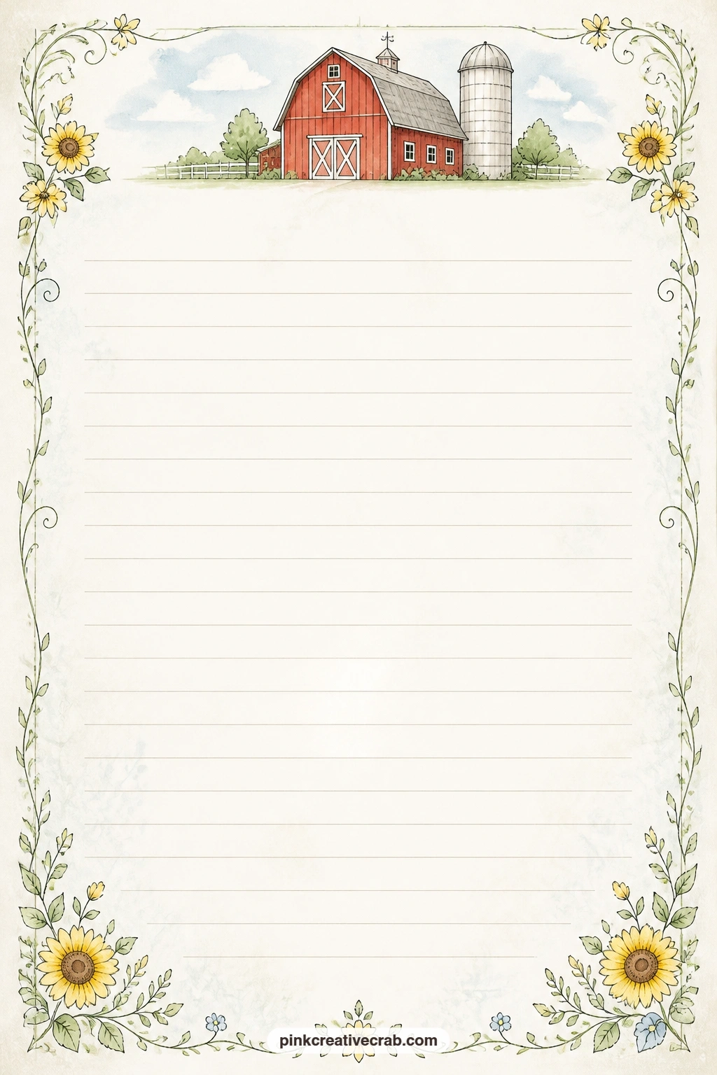 Barn And Silo Header Lined Page printable page — Use the space below the barn and silo header for a gift list for the farm stand, a short letter to next year's
